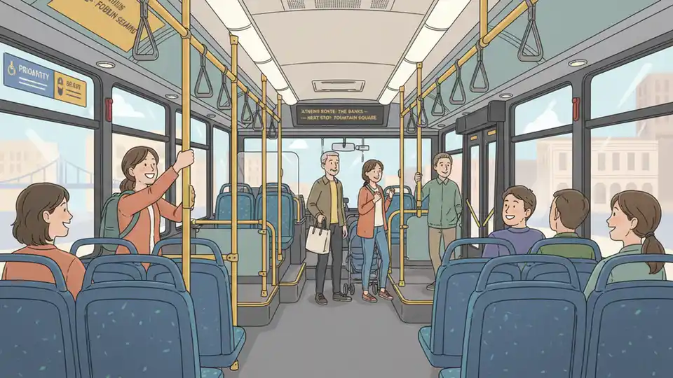 Athens Public Transit bus interior showing passenger seating capacity and standing room during busy route service