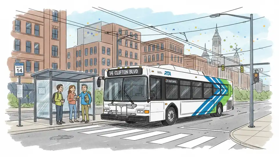 Cleveland RTA bus at urban transit stop showing typical weekday service that could see reduced frequency