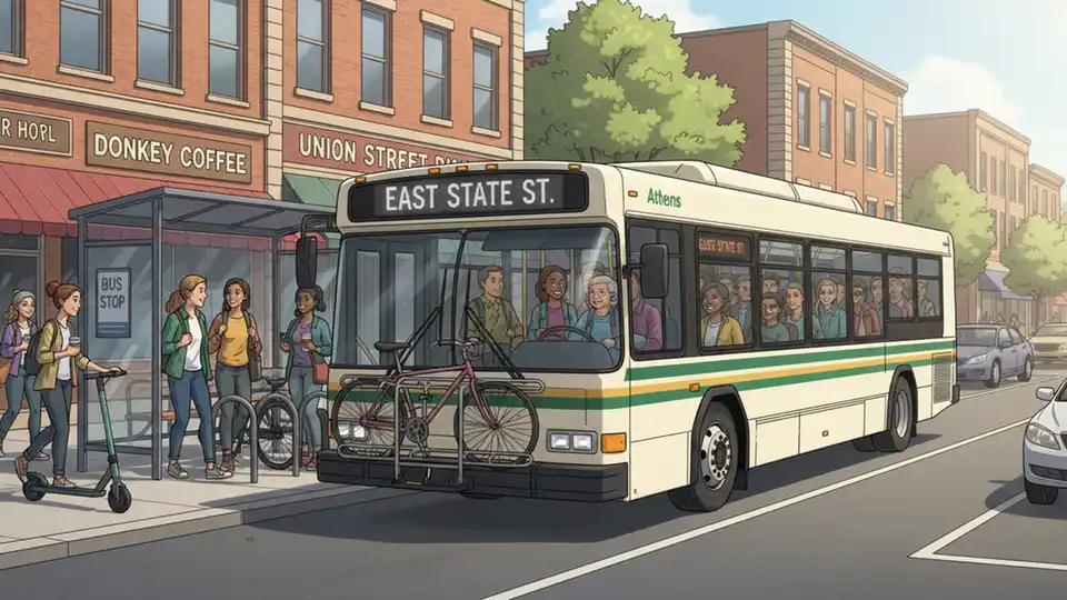 Athens Public Transit bus on East State Street route showing passenger capacity during weekday service