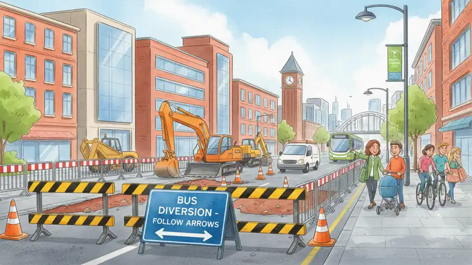 Bus diversion sign and road closure barriers on urban street with construction equipment in background during highway maintenance work