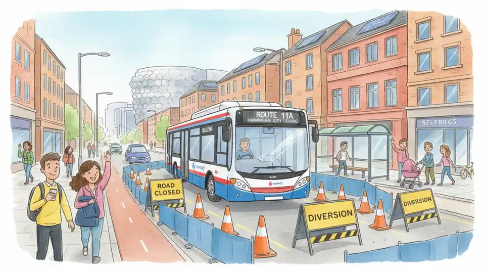 Transit bus at temporary detour route with construction signage and traffic cones visible on urban street