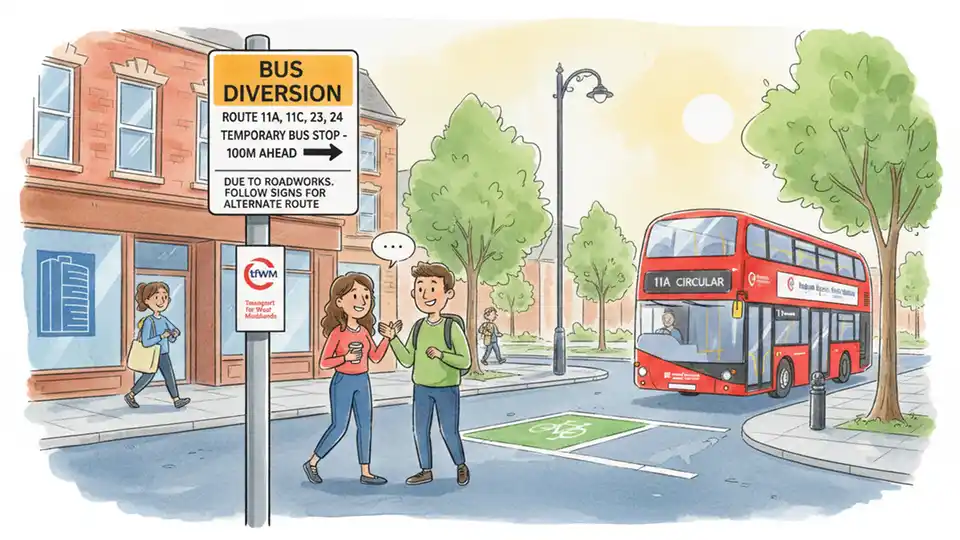 Birmingham bus route diversion sign showing alternate route information at bus stop