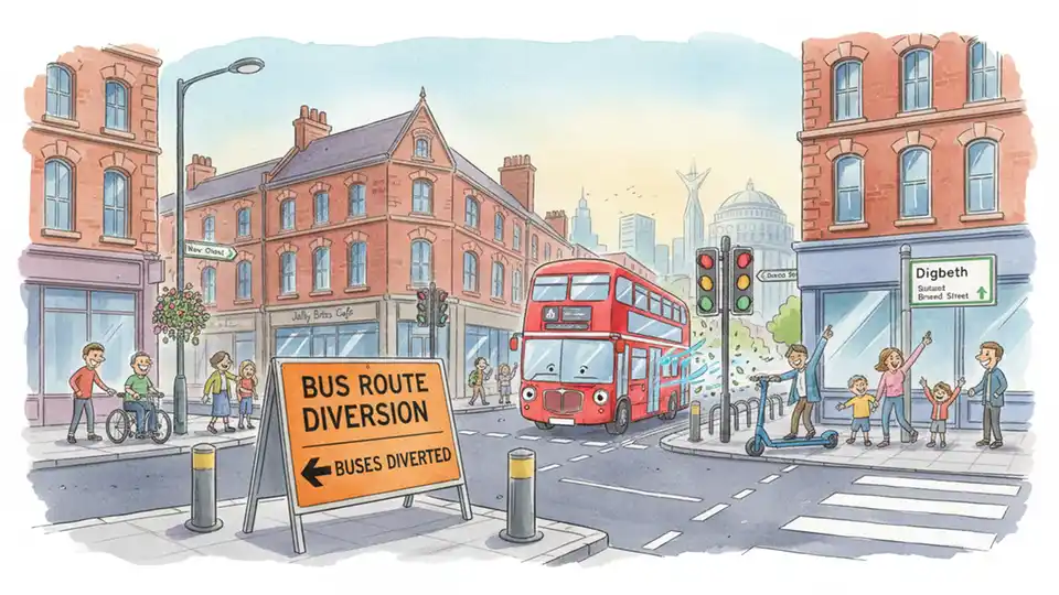 Bus route diversion sign at urban intersection with directional arrows and street signs