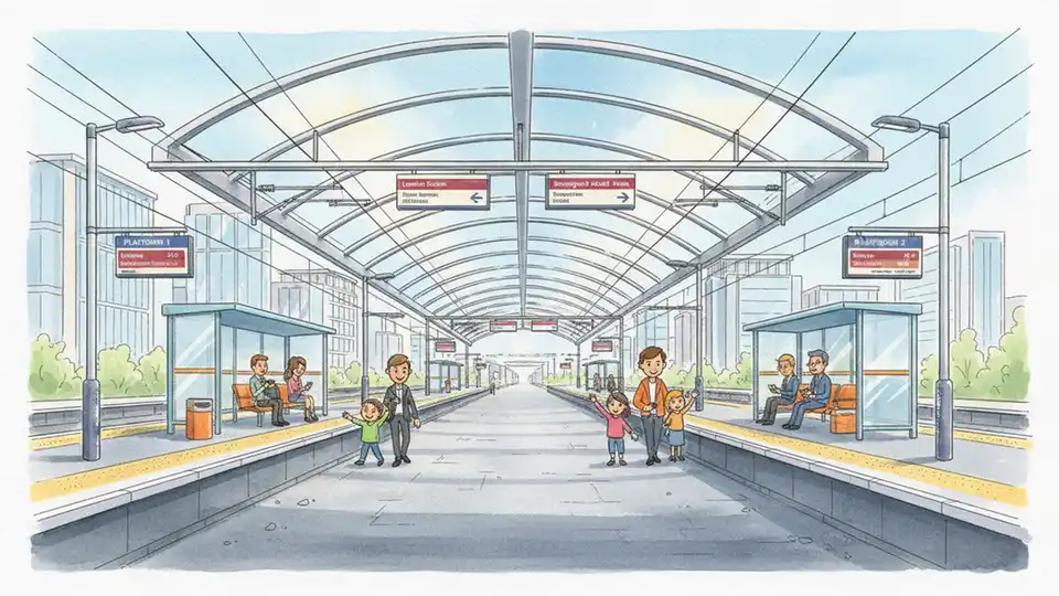 Milton Keynes Central railway station platform with directional signage showing connections to London Euston and other major destinations