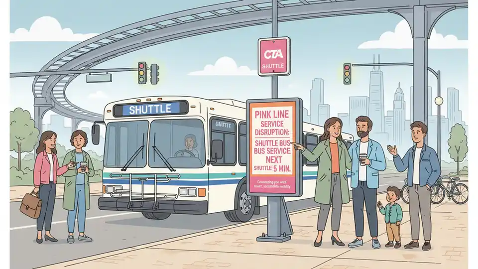 CTA shuttle bus at street stop with Pink Line service disruption signage visible