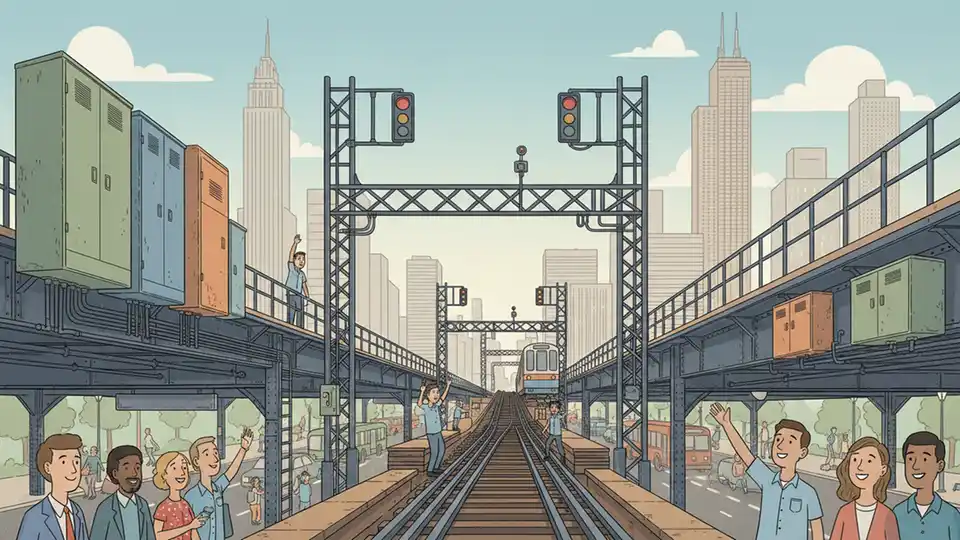 CTA rail control signal equipment at elevated track junction near downtown Chicago station