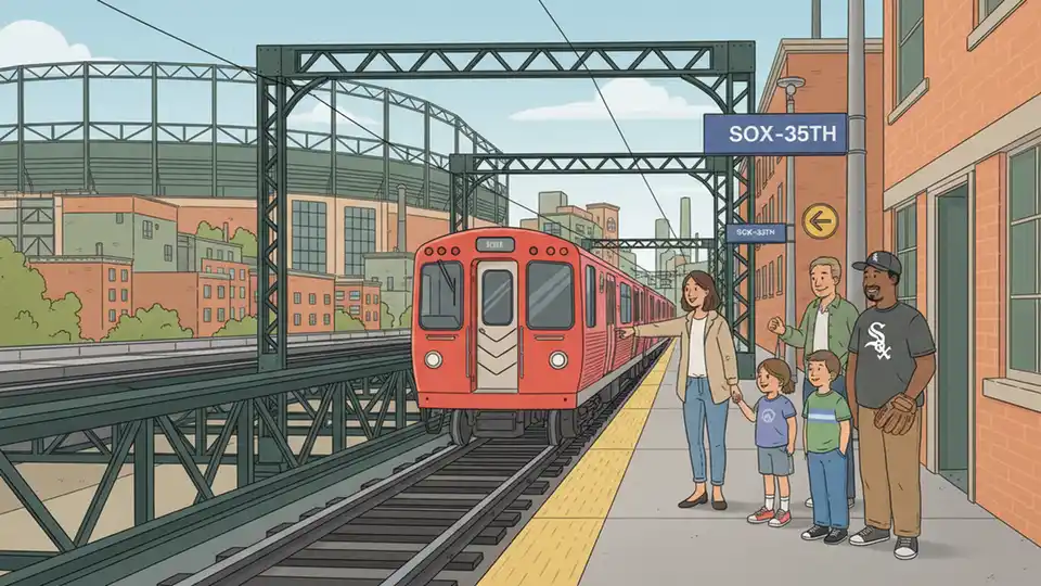 CTA Red Line train approaching elevated station platform near Chicago White Sox stadium with passengers waiting