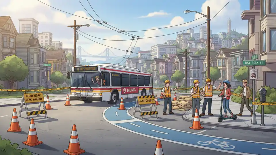 San Francisco street construction zone with orange traffic cones, lane closure signs, and Muni bus navigating detour route