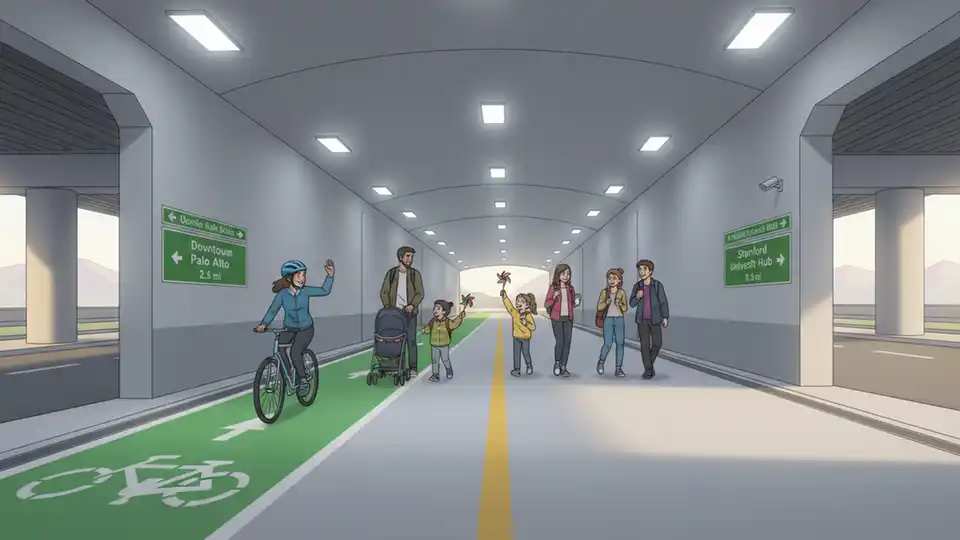 Pedestrian underpass beneath freeway with bike lane and walking path, showing lighting and wayfinding signage in Santa Clara County