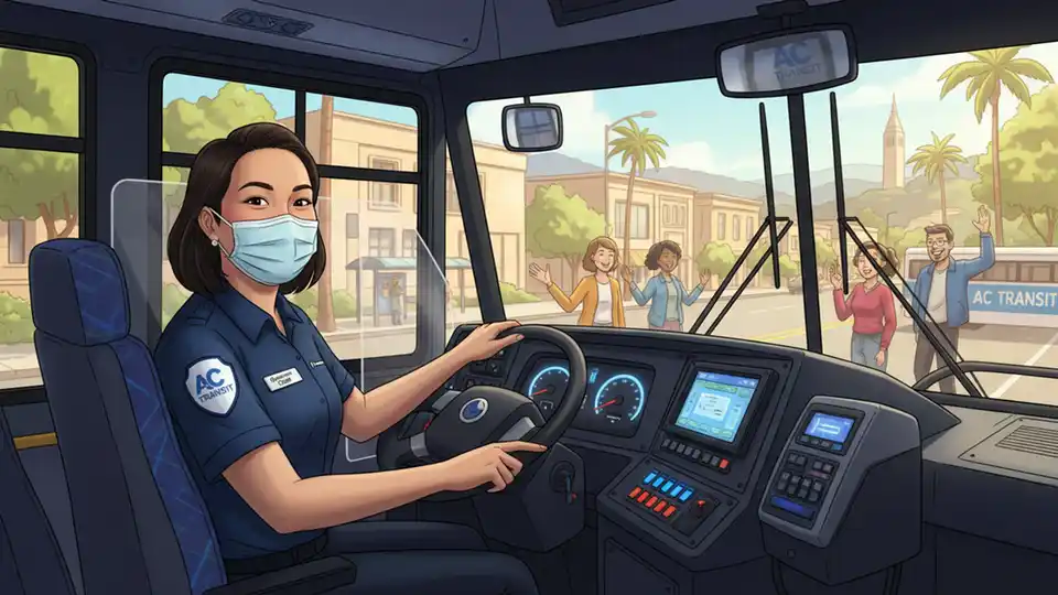 AC Transit bus operator at the wheel of bus in East Bay service