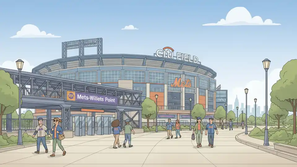 Citi Field baseball stadium exterior with LIRR station entrance, fans walking toward venue