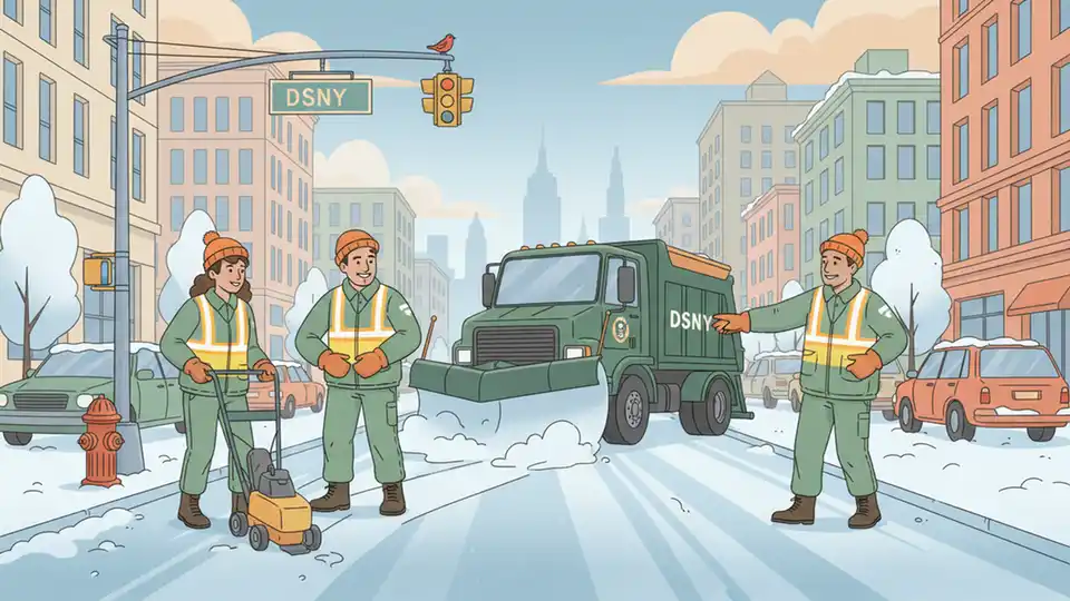 New York City sanitation workers operating snow removal equipment on icy city street