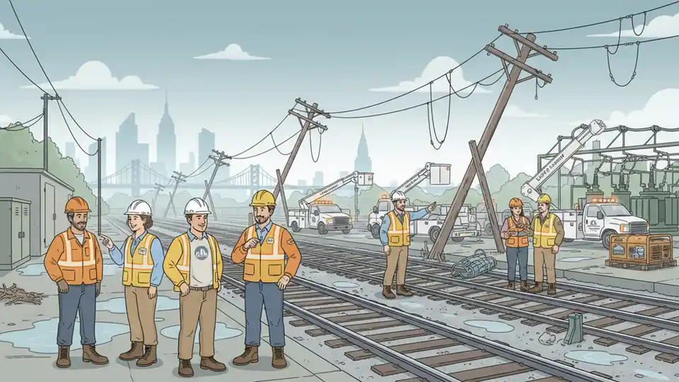 Transit crews and utility workers assessing storm damage to electrical infrastructure at rail facility