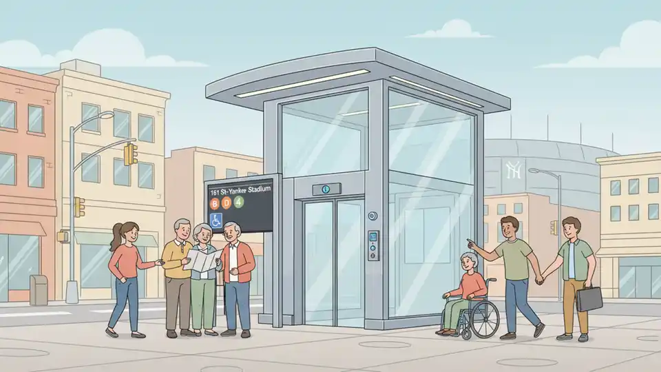 Exterior view of modernized elevator entrance at 161 St-Yankee Stadium subway station with updated signage and accessibility features