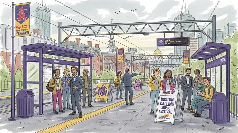 Commuter rail passengers waiting at station platform with event signage visible