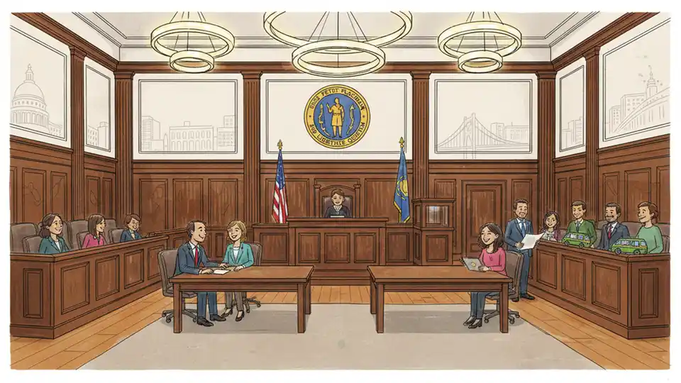 Interior of Boston courtroom with judge's bench and Massachusetts state seal, showing typical district court setting where transit assault cases are heard