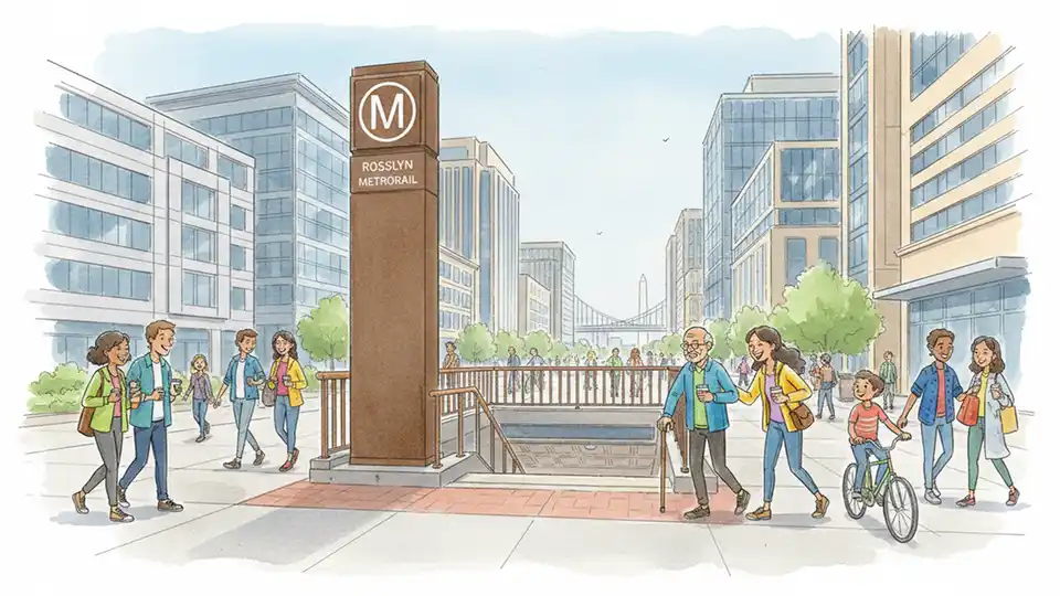Historic Washington Metro station entrance with brown pylon signage and 'M' logo, modern city streetscape in background