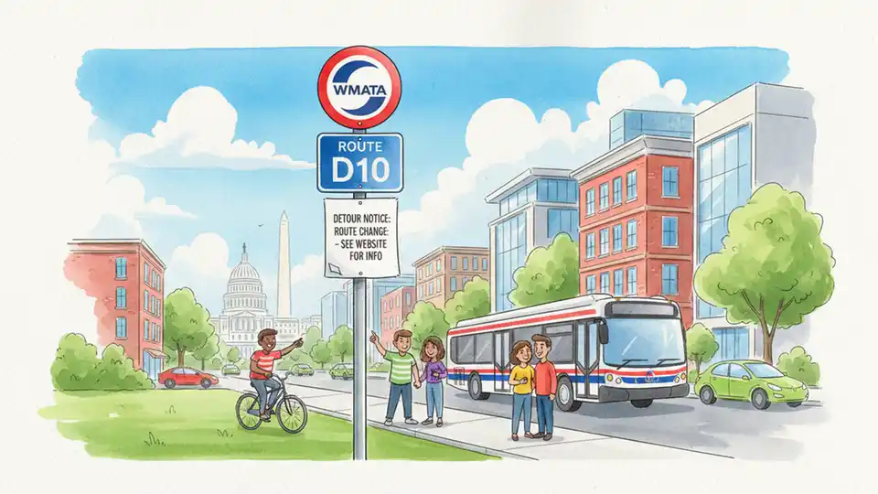 WMATA bus stop sign showing route D10 with detour notice posted