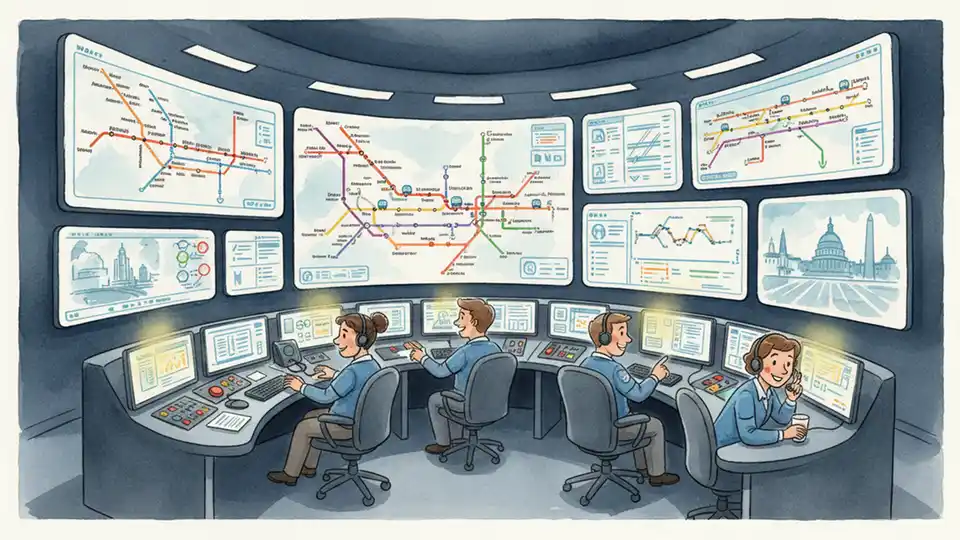 Metro Subway control room with transit staff monitoring track systems and train positions on digital displays