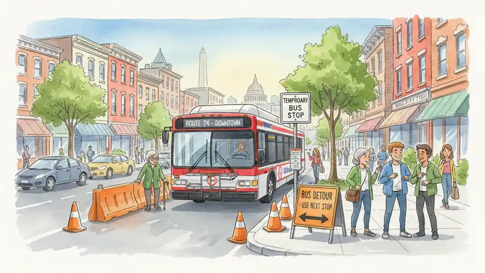 WMATA bus at temporary bus stop with detour signage visible on urban street