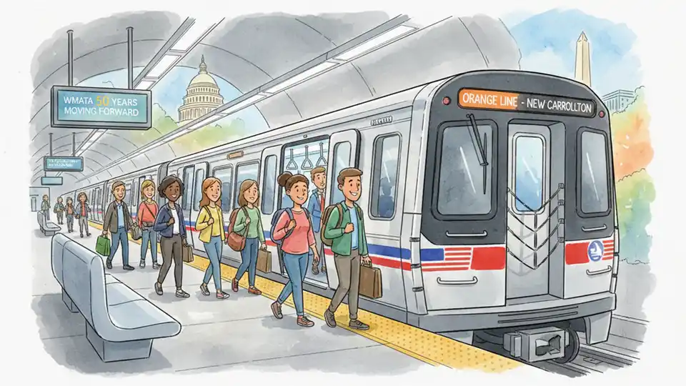Modern Washington Metro train at platform with passengers boarding, showing updated rail cars and station infrastructure. Alt text: Washington Metro train at station platform with riders boarding during 50th anniversary year. Composition: Platform-level view showing train doors open with riders entering, emphasizing modern fleet and station amenities.