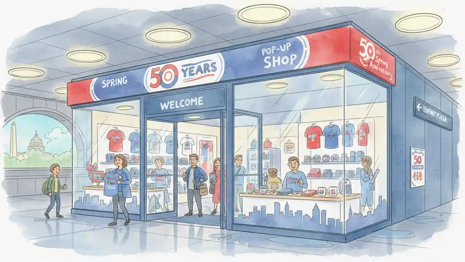 Metro Spring Pop-Up Shop storefront near L'Enfant Plaza station with 50th anniversary banners and commemorative merchandise displays visible through windows. Alt text: Washington Metro 50th anniversary pop-up shop at L'Enfant Plaza station. Composition: Front exterior view showing entrance and anniversary branding with riders browsing merchandise.