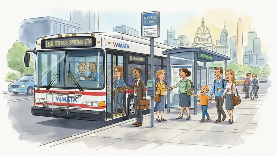 Public transit bus at station with commuters boarding during morning rush