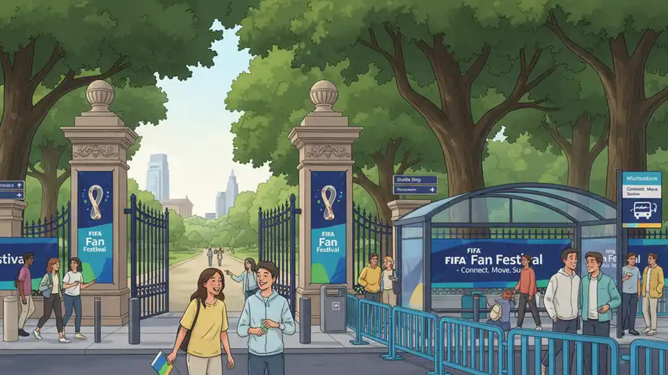Fairmount Park entrance with temporary FIFA Fan Festival signage and transit shuttle stop