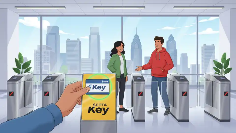 SEPTA Key card being tapped at fare gate with Philadelphia skyline visible through station windows
