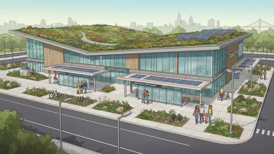 SEPTA's Wissahickon Transit Center featuring green roof with native plantings and rain gardens, modern transit facility with sustainable infrastructure visible
