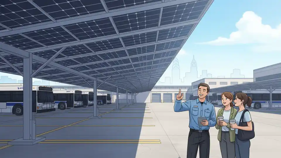 Solar panels at transit facility with SEPTA buses in background, renewable energy infrastructure supporting public transportation operations