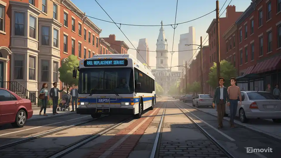 SEPTA shuttle bus providing replacement service on Philadelphia street with trolley tracks visible