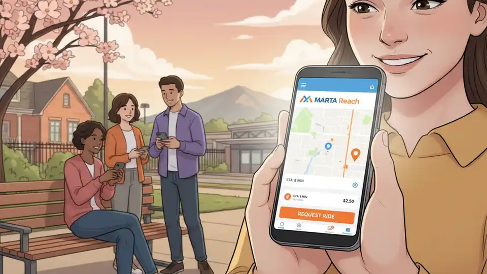Passenger using smartphone to book MARTA Reach ride, showing the mobile app interface for on-demand transit service
