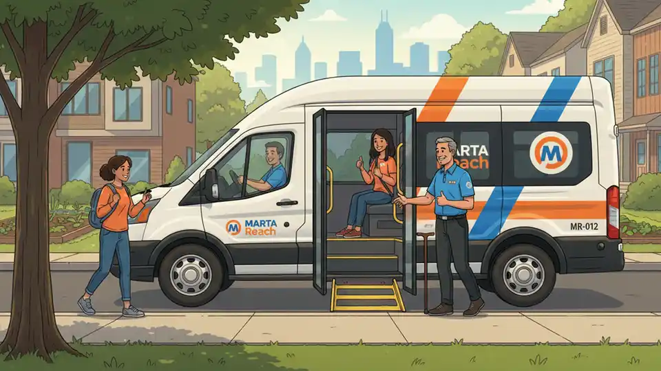 MARTA Reach van at pickup location in metro Atlanta with passengers boarding, showing the on-demand transit service vehicle with MARTA branding