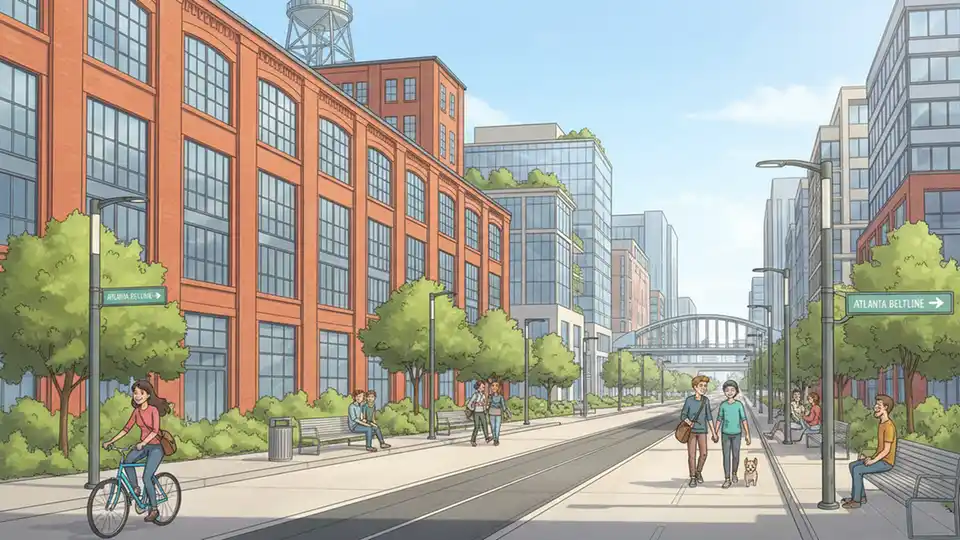 Ponce City Market area along Atlanta Beltline showing mixed-use development and trail access point, illustrating the dense urban context where transit advocates want light rail. Alt text: Ponce City Market Atlanta Beltline development light rail proposal. Composition: Street-level view showing building density and Beltline access, emphasizing urban transit potential.