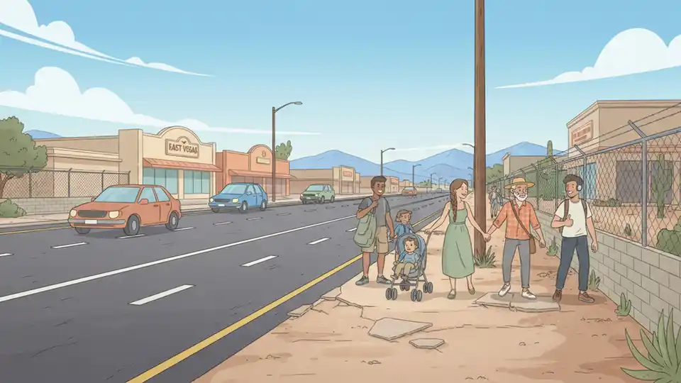 East Las Vegas neighborhood street scene showing pedestrians walking along Charleston Boulevard with missing sidewalk infrastructure