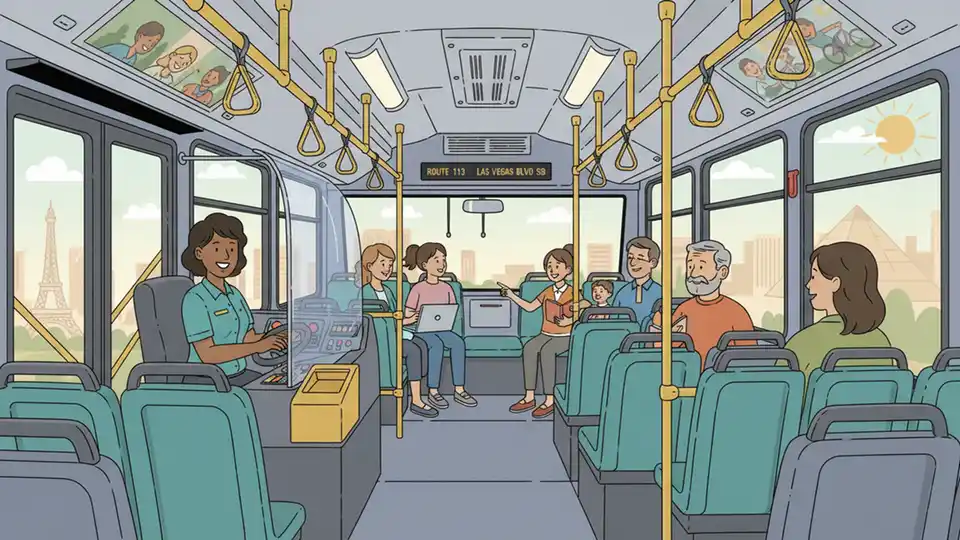 Interior of public transit bus showing driver compartment and passenger seating area