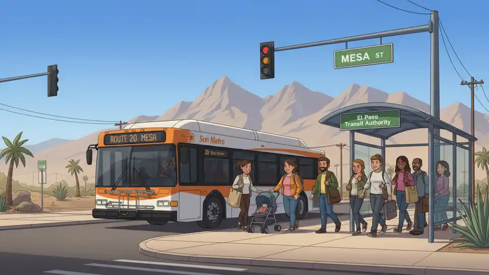 El Paso Transit Authority bus at county transit stop with passengers boarding, showing daily transit operations