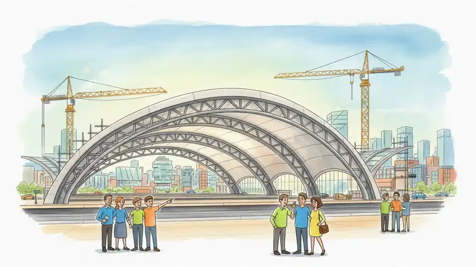 Modern high-speed rail station under construction with curved architectural arches and multiple platform areas visible, construction cranes in background, Birmingham cityscape