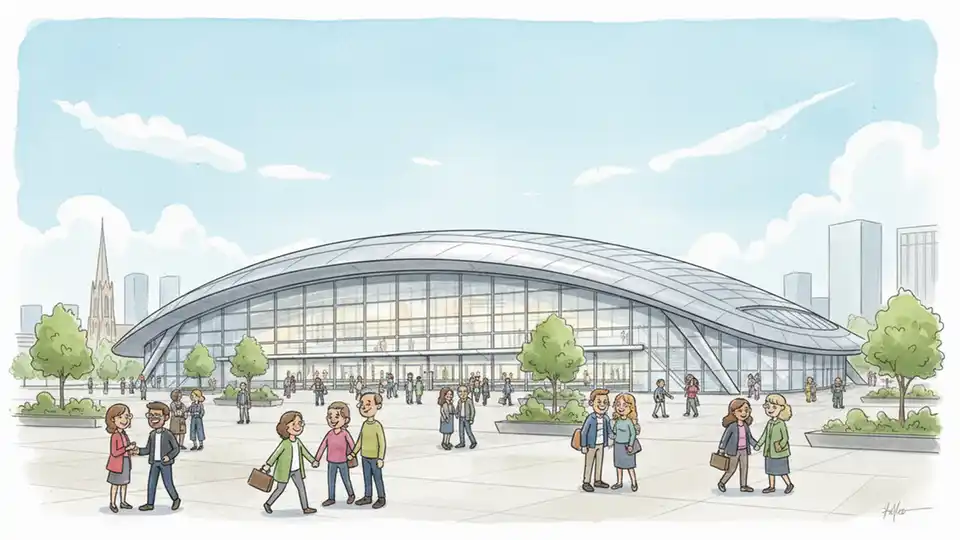 Architectural rendering of completed Curzon Street HS2 station showing sweeping curved roof design, seven platforms, pedestrian plaza with trees, modern glass and metal facade