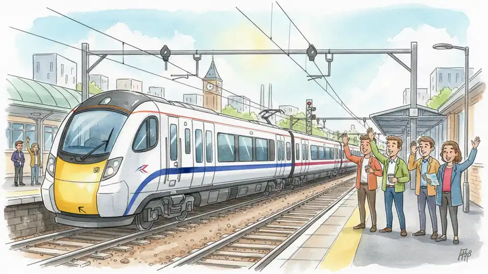 Network Rail train on tracks approaching station in West Midlands region, modern passenger rail service, side angle showing multiple carriages and railway infrastructure