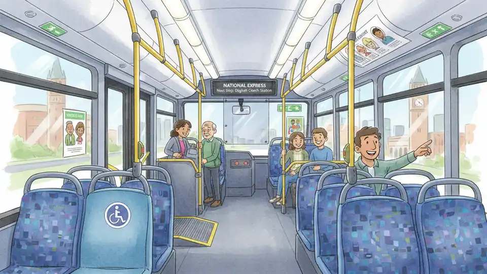 Interior of West Midlands double-decker bus lower deck showing passenger seating area and aisle during daytime service