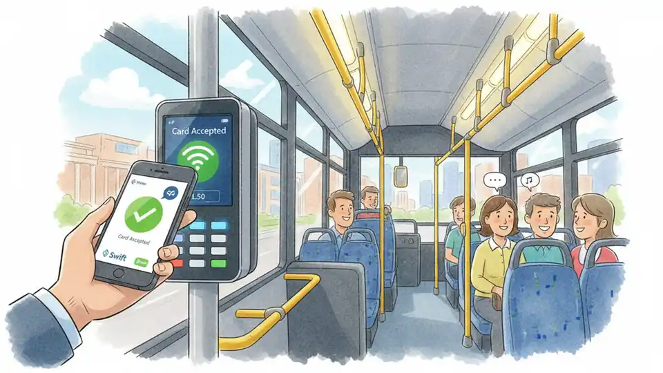 Contactless payment terminal on bus with passenger tapping phone, modern digital ticketing system, close-up of transaction screen