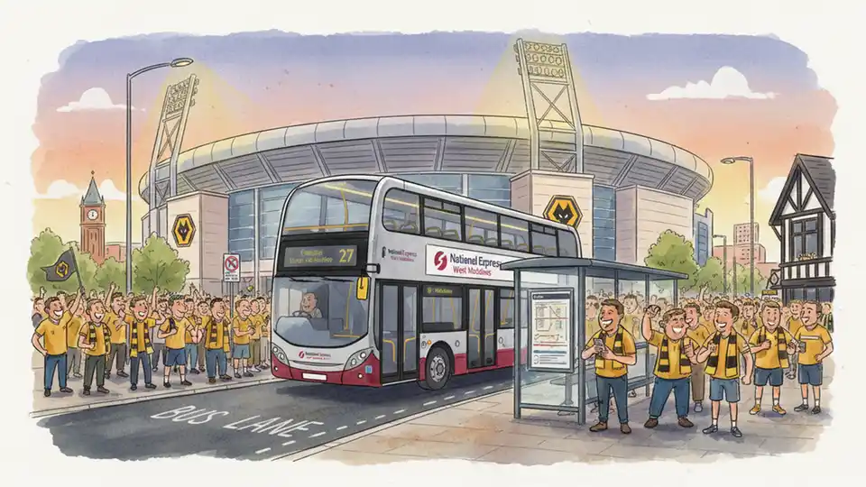Bus stop outside Molineux Stadium with National Express West Midlands bus approaching, stadium structure visible in background, clear route number display on bus, matchday atmosphere