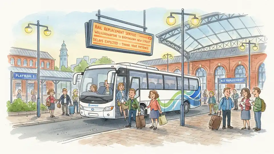 Rail replacement bus service at Wolverhampton station with passengers boarding, digital departure board showing service disruptions in background