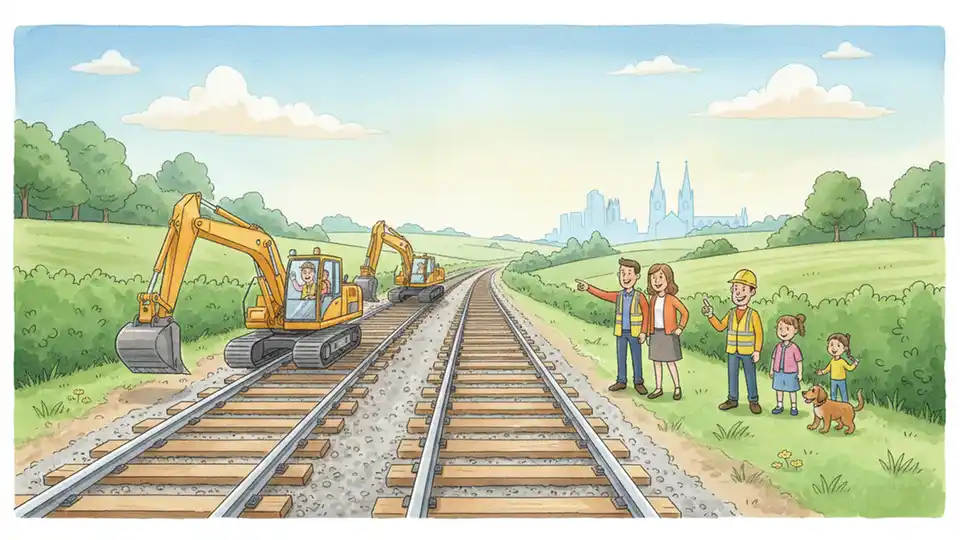 Railway tracks extending through rural landscape with construction equipment visible