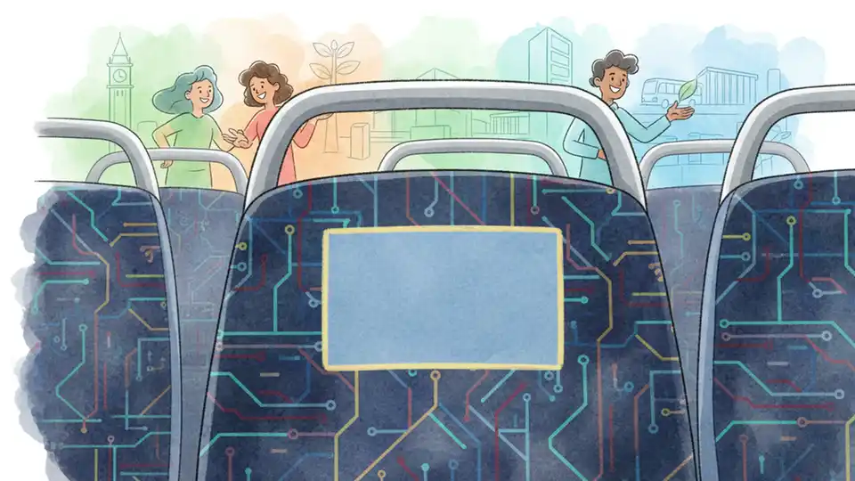 Close-up of bus seat back showing potential placement area for safety awareness sticker