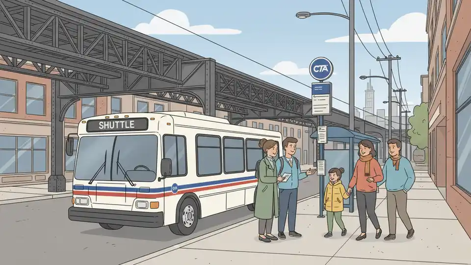 CTA shuttle bus at urban bus stop with Blue Line elevated tracks in background