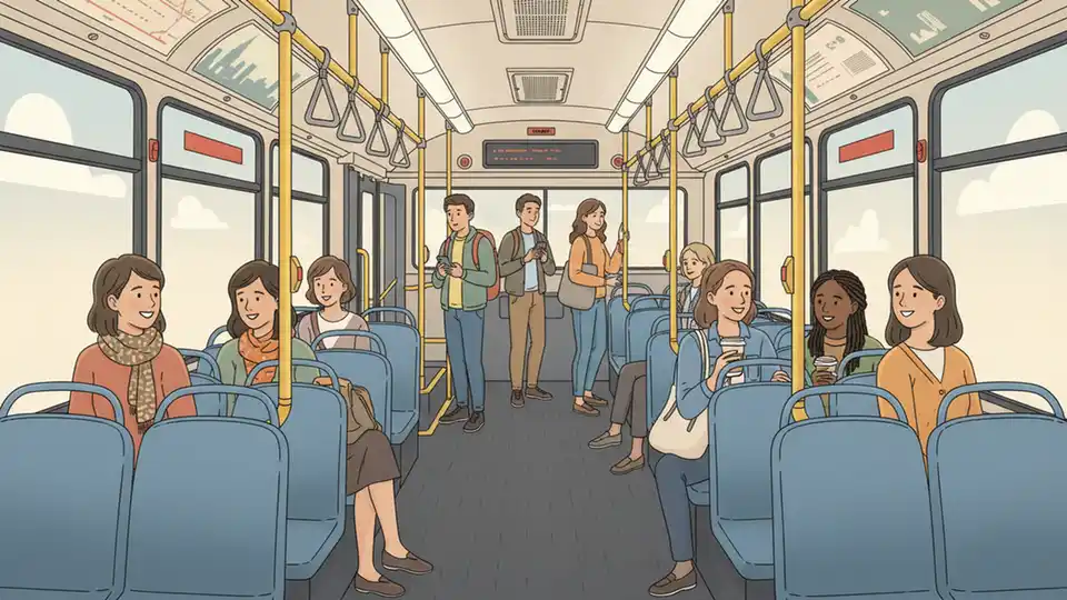 Interior of Chicago CTA bus showing passenger seating area and safety features, with diverse riders including women commuters in typical transit setting