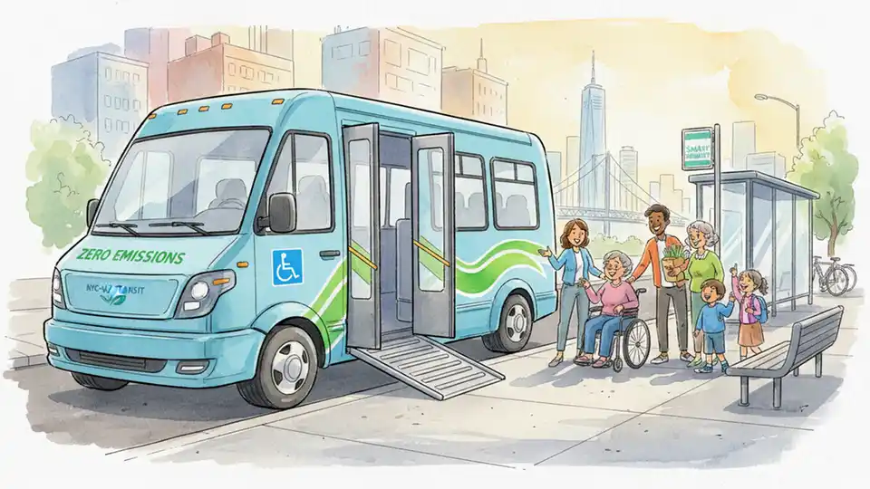 Electric shuttle van with wheelchair accessibility ramp extended at transit stop